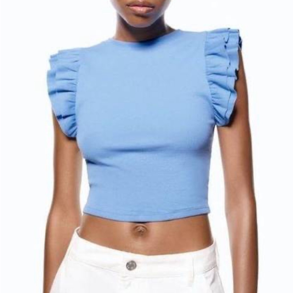 zara blue ruffle tank top